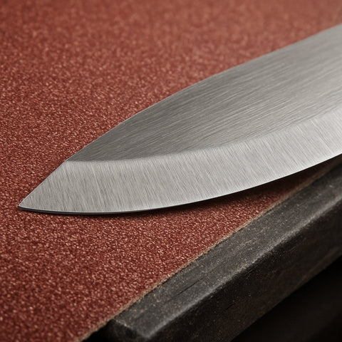 A close‑up of a knife blade being run over a belt sander with visible grit marks transitioning from coarse to fine. Alt: belt sander for knife sharpening grit progression
