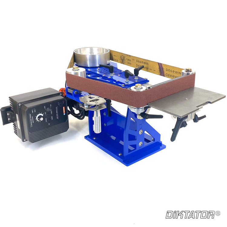 Diktator MAX 2x72 Tilting Belt Grinder Kit with 2HP Motor, VFD and Stand, 7 In. Drive Wheel and Articulating Tool Rest